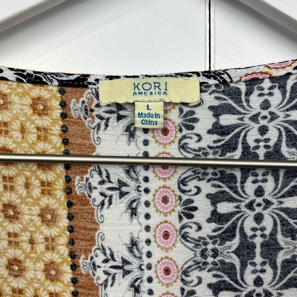 Kori America Womens Tunic L Pink Black Gold Boho Fit & Flare Lace Bell Sleeves - Picture 2 of 13